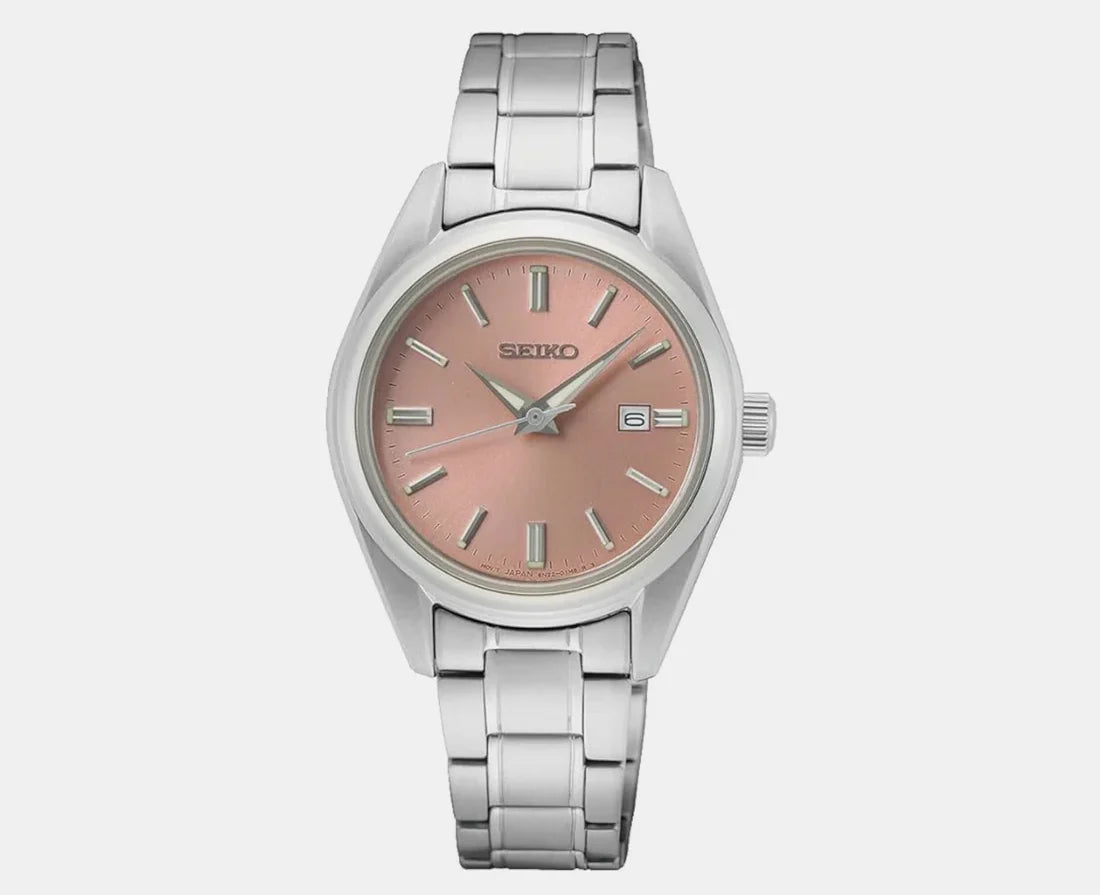 Seiko SUR529P1 women’s pink dial watch with stainless steel strap