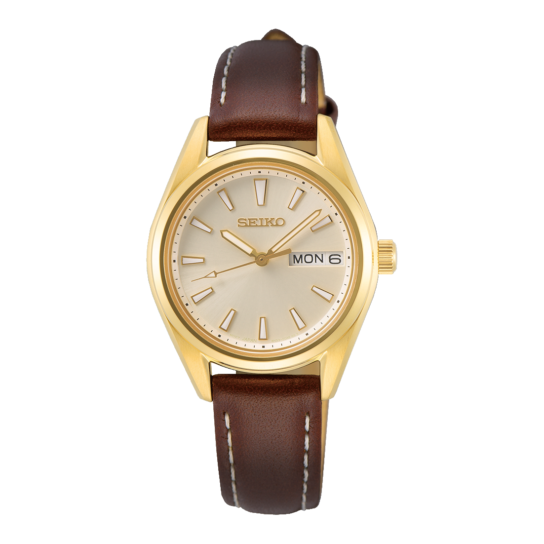 Seiko SUR456P1 women’s watch with champagne dial and brown leather strap