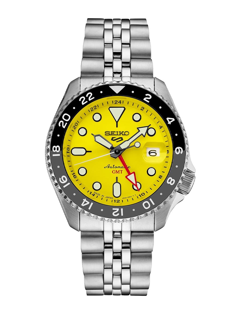 Seiko 5 Sports SSK017 GMT watch with bold yellow dial
