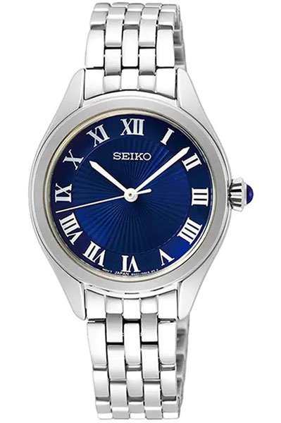 Seiko SUR329P1 women’s watch with blue dial and steel strap. A classic quartz timepiece designed for elegance, versatility, and everyday style.