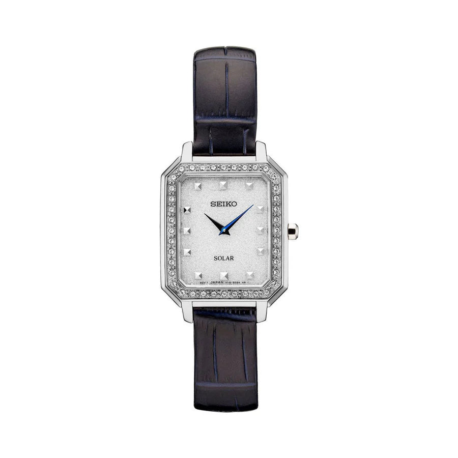 SEIKO SUP429P1 silver dial solar watch for women with stainless steel case and bracelet