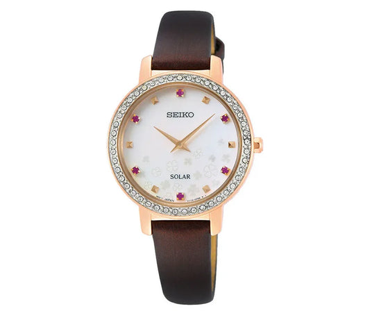 Seiko Classic SUP450P1 solar watch with white dial and brown leather strap