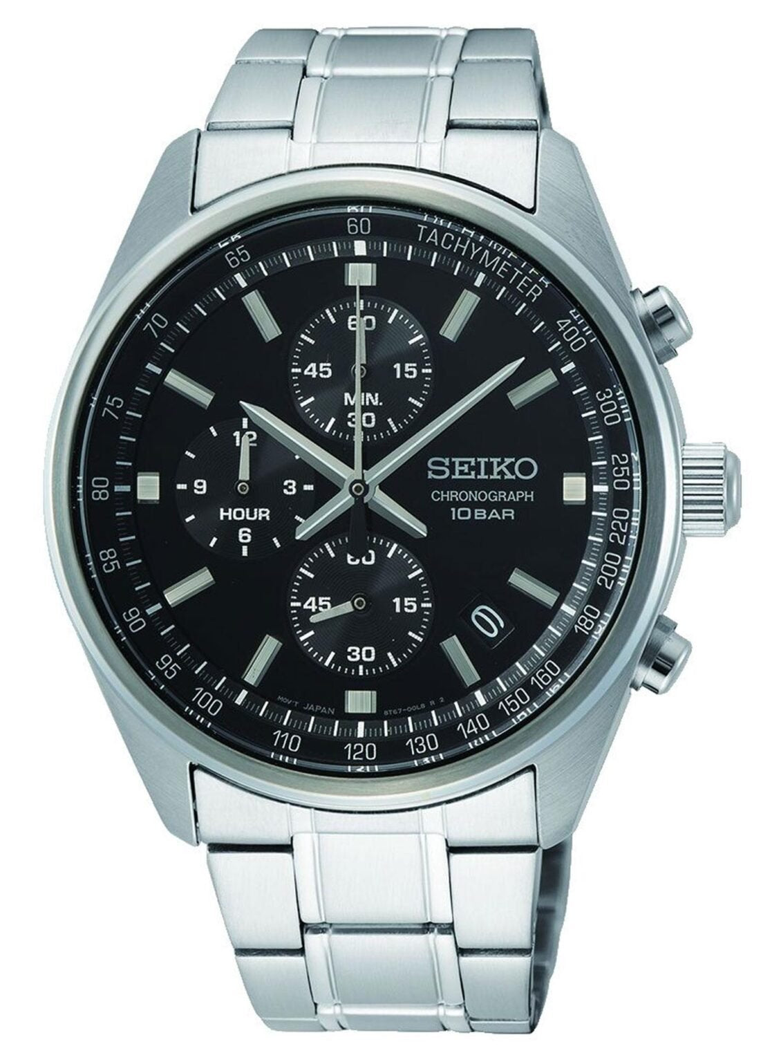 Seiko Chronograph SSB379P1 – Black dial quartz sports watch with stainless steel strap and tachymeter bezel.