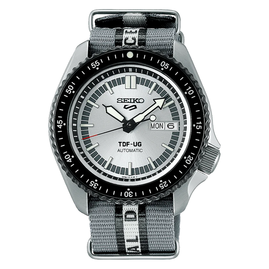 Seiko 5 Sports ULTRASEVEN Limited Edition SRPJ79K1 – Silver dial automatic watch with red accents and nylon strap.