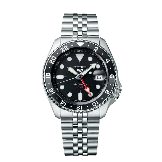 Seiko 5 Sports SSK001K1 GMT watch with black grape dial and stainless steel strap