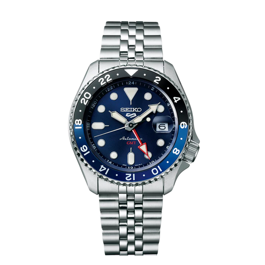 Seiko 5 Sports SSK003K1 Blueberry GMT watch with blue bezel and stainless-steel strap