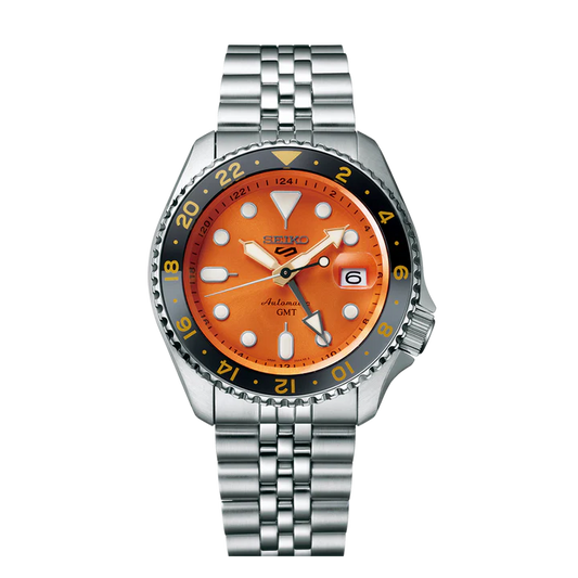 Seiko 5 Sports SSK005K1 GMT watch with Mikan Orange dial and SKX-style case