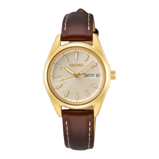 Seiko SUR456P1 women’s watch with champagne dial and brown leather strap