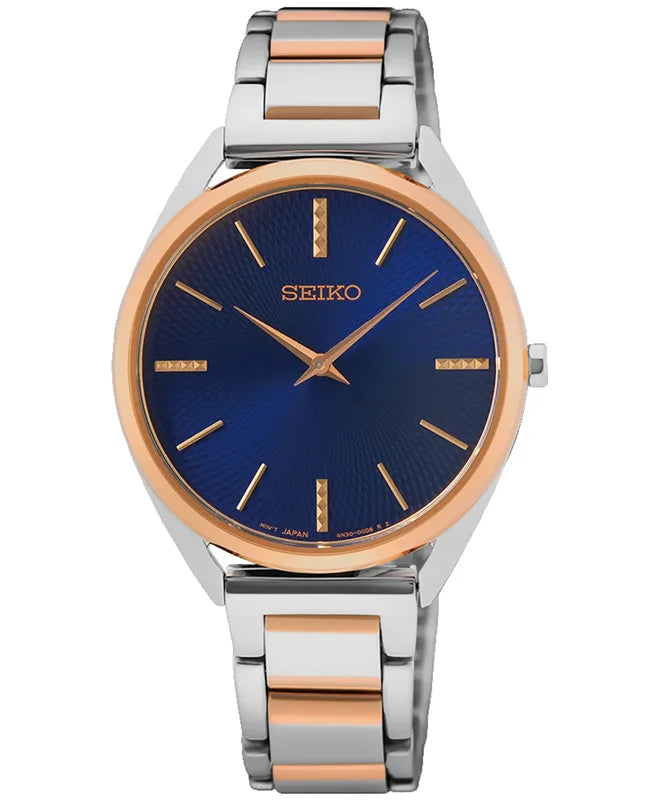 Seiko women's blue dial watch with rose gold bezel and two-tone steel strap