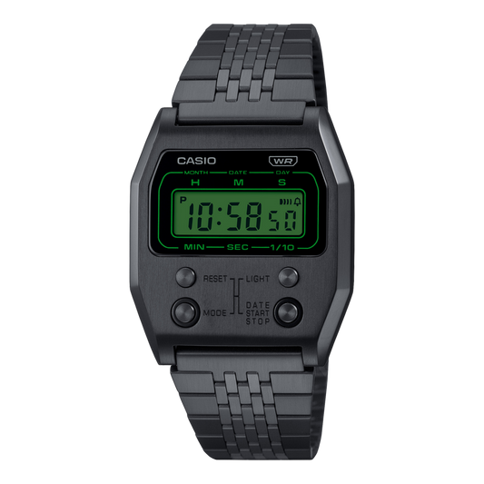 Casio Unisex Vintage A1100B-1DF Black Digital Dial Black Stainless Steel Band