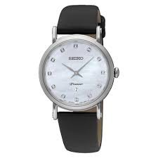 Seiko SXB433P2 women's watch with silver dial and black leather strap