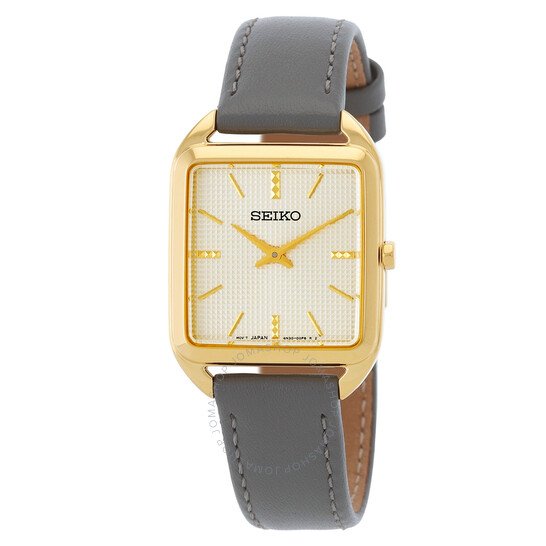 Seiko SWR090P1 women’s rectangular watch with champagne dial and grey leather strap