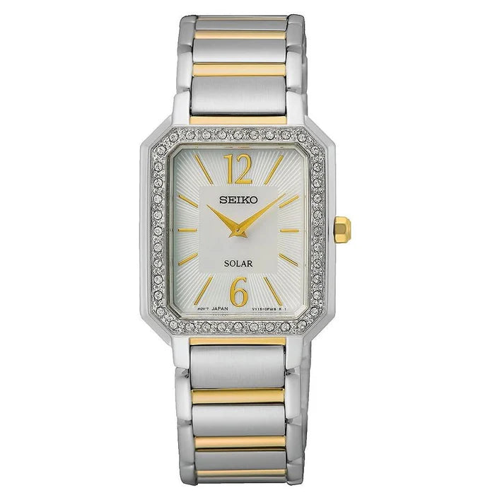 Seiko Solar SUP466P1 white dial watch with silver strap