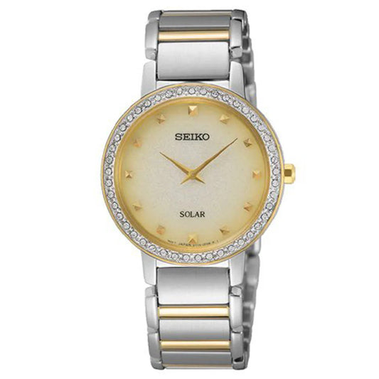 Seiko Classic SUP448P1 gold dial watch with silver strap solar-powered design