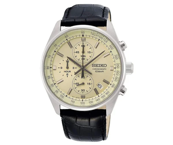 Seiko Chronograph SSB383P1 – Cream dial quartz watch with brown leather strap and stainless steel case.