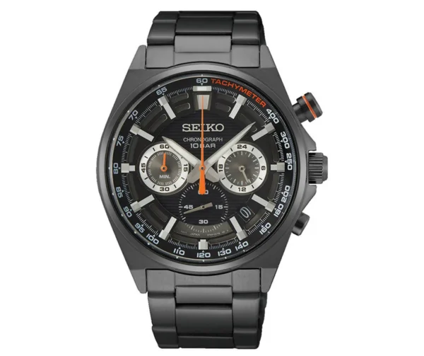 Seiko SSB399P1 Chronograph black dial with black steel strap and tachymeter
