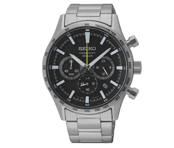 Seiko SSB413P1 chronograph watch with black dial and stainless steel strap