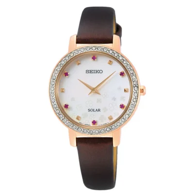 Seiko Classic SUP450P1 solar watch with white dial and brown leather strap