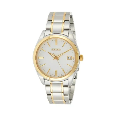 Seiko SUR312P1 men’s analog watch with white dial and two-tone silver gold strap