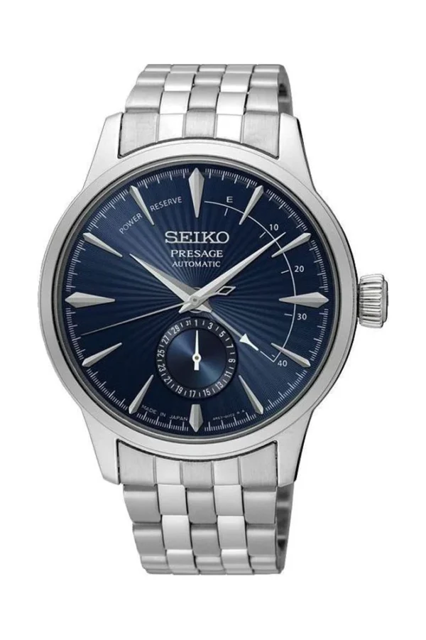 Seiko Presage SSA347J1 – Blue dial automatic men’s watch with open-heart display and stainless steel bracelet.