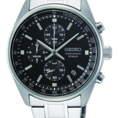 Seiko Chronograph SSB379P1 – Black dial quartz sports watch with stainless steel strap and tachymeter bezel.