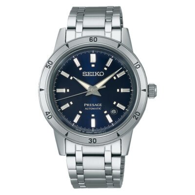 Seiko Presage Style 60s SRPL07J1 – Navy dial automatic watch with leather strap and vintage-inspired stainless steel case.