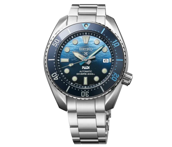 Seiko Prospex PADI SPB375J1 – Blue dial automatic dive watch with stainless steel bracelet.