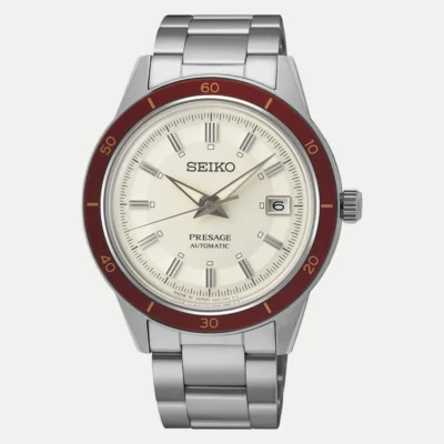 Seiko SRPH93J1 a silver watch with red band