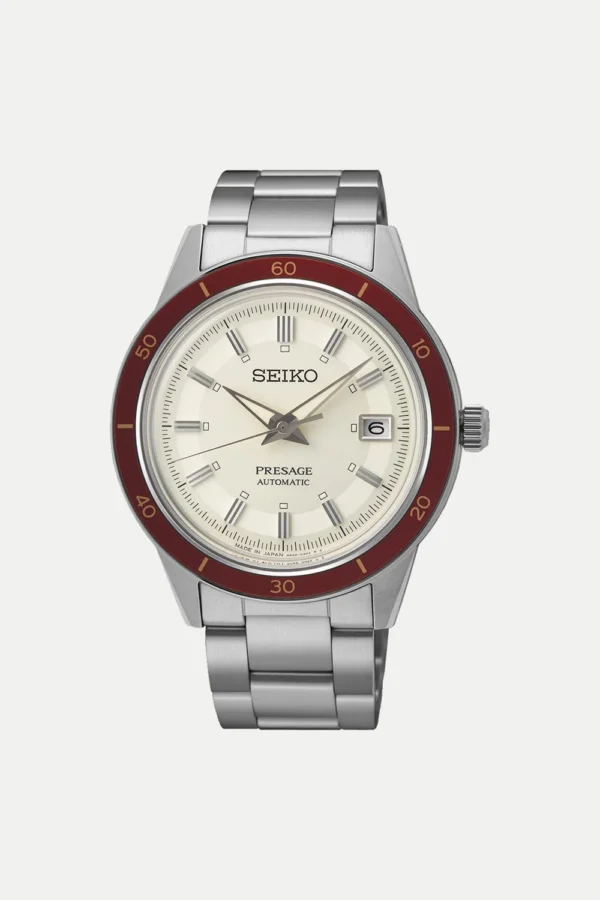 Seiko SRPH93J1 a silver watch with red band