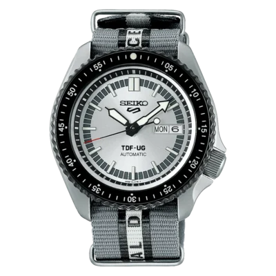 Seiko 5 Sports ULTRASEVEN Limited Edition SRPJ79K1 – Silver dial automatic watch with red accents and nylon strap.