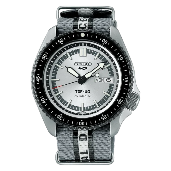 Seiko 5 Sports ULTRASEVEN Limited Edition SRPJ79K1 – Silver dial automatic watch with red accents and nylon strap.