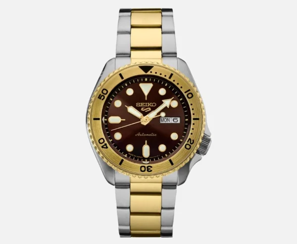 Seiko 5 Sports SRPK24 – Charcoal dial automatic watch with gold-tone stainless steel case and bracelet.
