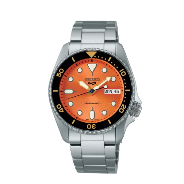 Seiko 5 Sports SRPK35K1 midi orange dial automatic watch with stainless steel strap