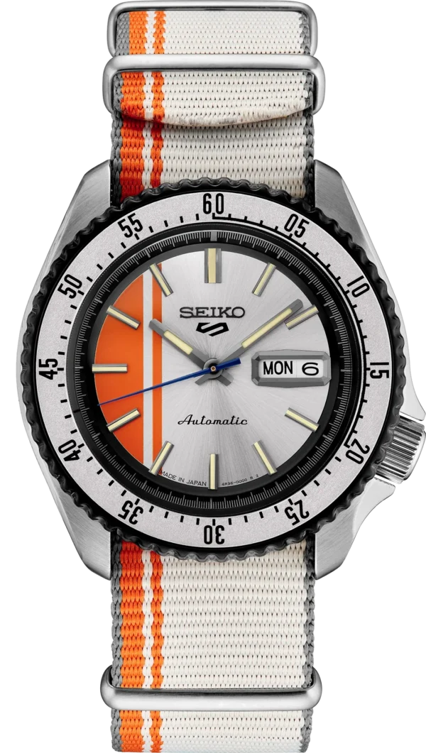 Seiko 5 Sports SRPK73 – Orange dial automatic watch with stainless steel case and rotating bezel.