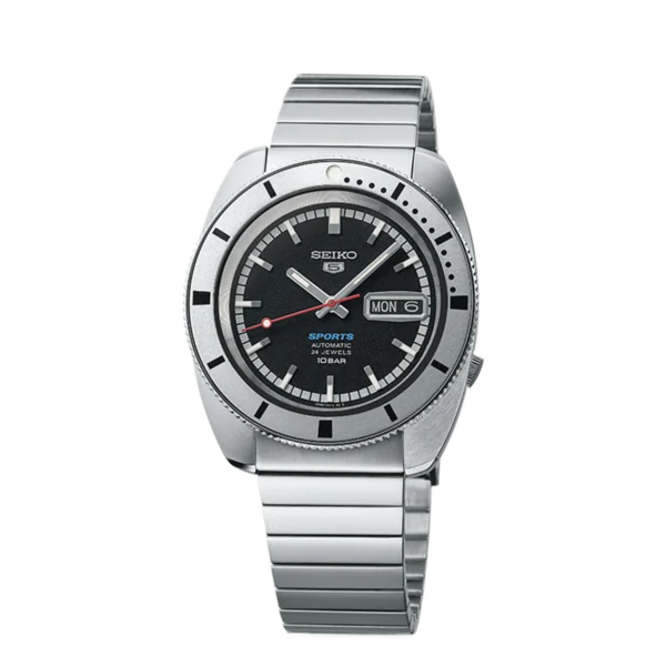 Seiko 5 Sports SRPL05K1 – Black dial automatic watch with stainless steel case and rotating bezel.