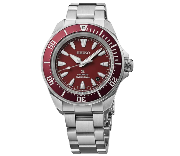 Seiko Prospex SRPL11K1 – Red dial automatic watch with stainless steel bracelet and 200m water resistance.