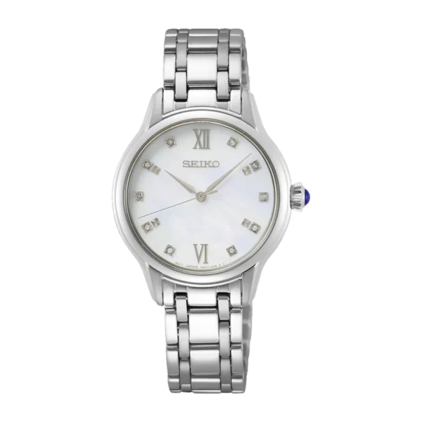 Seiko SRZ537P1 – Ladies’ diamond-studded watch with mother-of-pearl dial and stainless steel bracelet