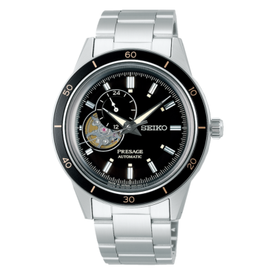 Seiko Presage SSA425J1 – Black dial automatic watch with stainless steel bracelet and open-heart display.