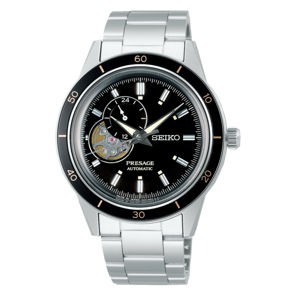 Seiko Presage SSA425J1 – Black dial automatic watch with stainless steel bracelet and open-heart display.