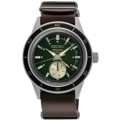 Seiko Presage SSA451J1 – Green dial automatic watch with brown leather strap and open-heart movement.