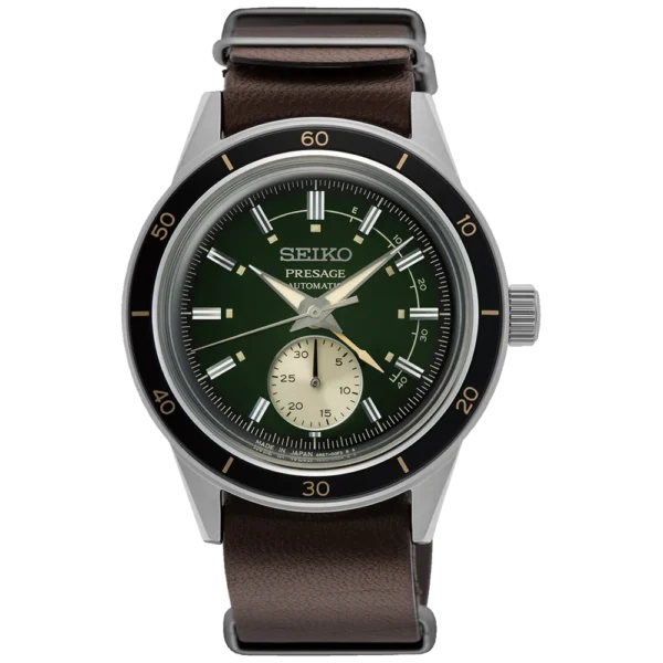 Seiko Presage SSA451J1 – Green dial automatic watch with brown leather strap and open-heart movement.