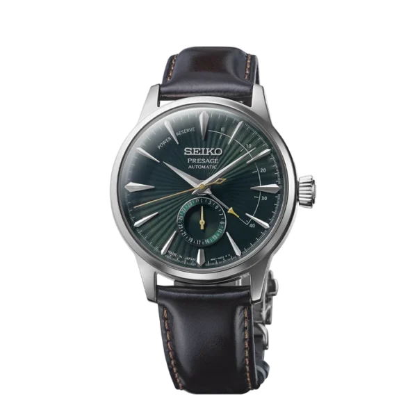 Seiko Presage SSA459J1 – Green dial automatic watch with leather strap and open-heart movement.