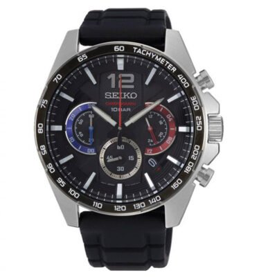 Seiko Chronograph SSB347P1 – Black dial quartz watch with leather strap and tachymeter bezel.