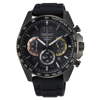 Seiko Chronograph SSB349P1 – Black dial quartz sports watch with silicone strap and tachymeter bezel.