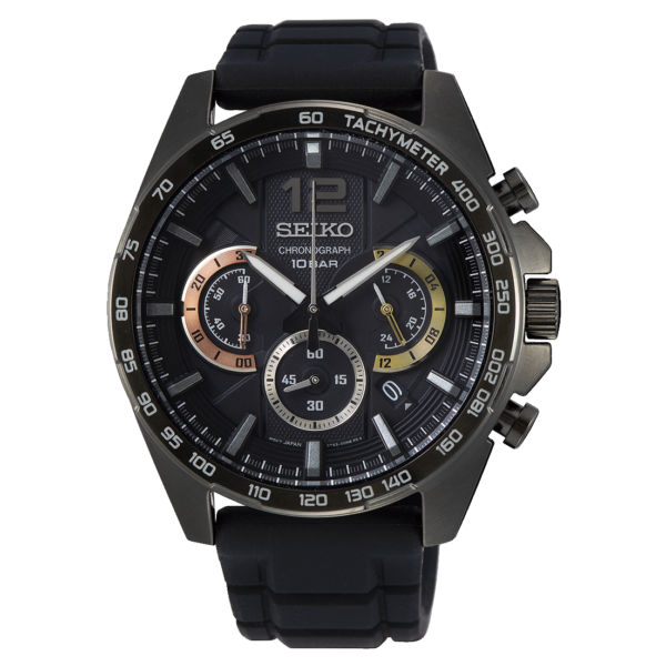 Seiko Chronograph SSB349P1 – Black dial quartz sports watch with silicone strap and tachymeter bezel.