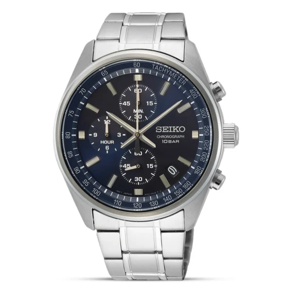 Seiko Chronograph SSB377P1 – Blue dial quartz sports watch with stainless steel strap and tachymeter bezel.