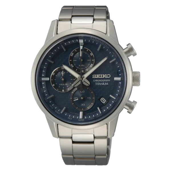 Seiko SSB387P1 Titanium Chronograph – Blue dial quartz watch with titanium case and tachymeter scale.