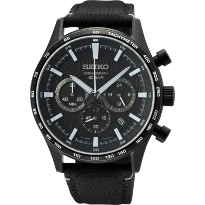 Seiko SSB417P1 chronograph watch with black dial and nylon strap