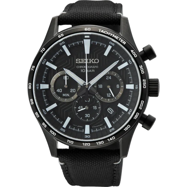 Seiko SSB417P1 chronograph watch with black dial and nylon strap