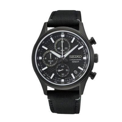 Seiko SSB421P1 chronograph watch with black dial and leather strap